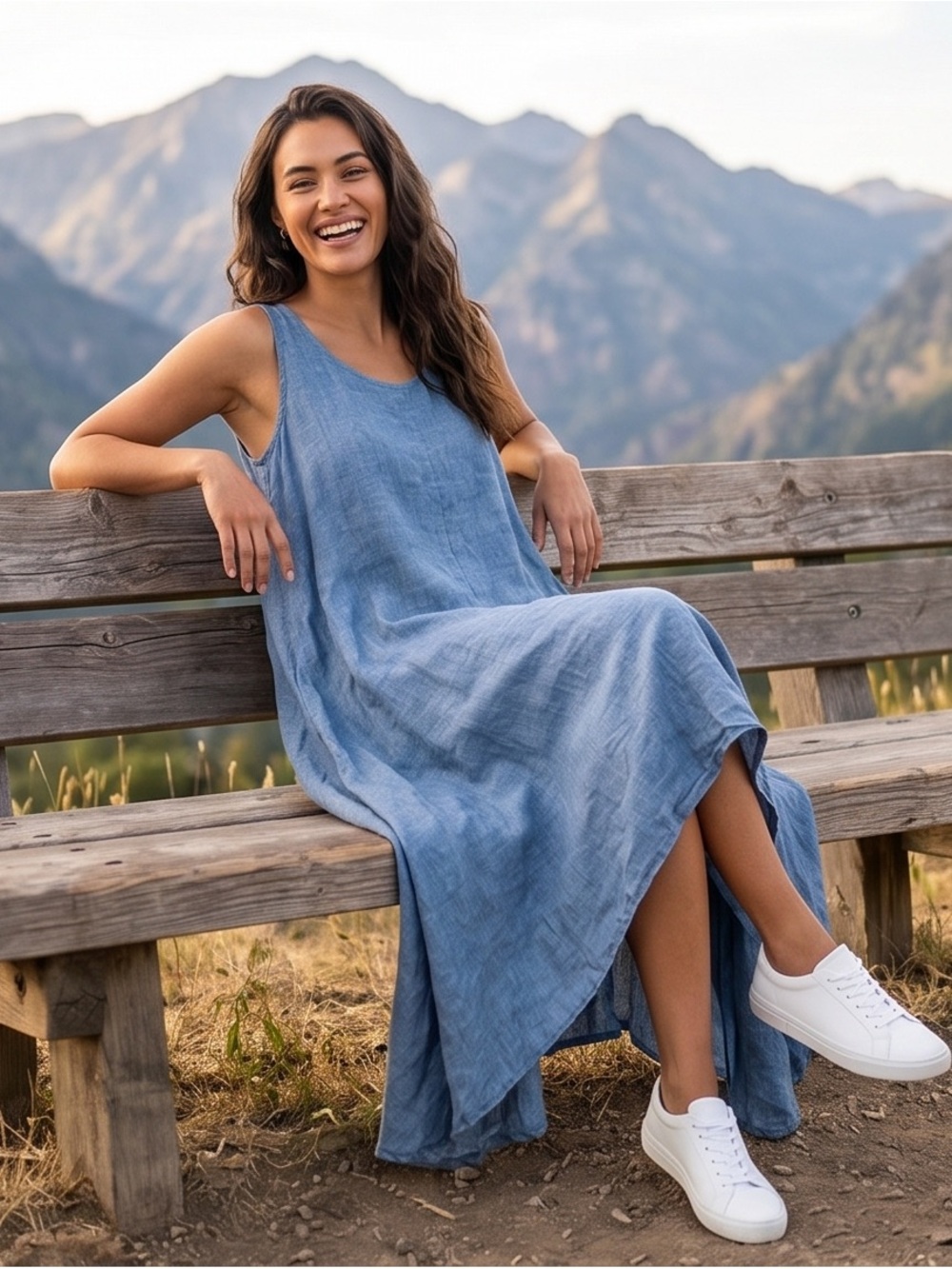 Premise Sleeveless Blue High-Low Linen Dress - Picture 7 of 9